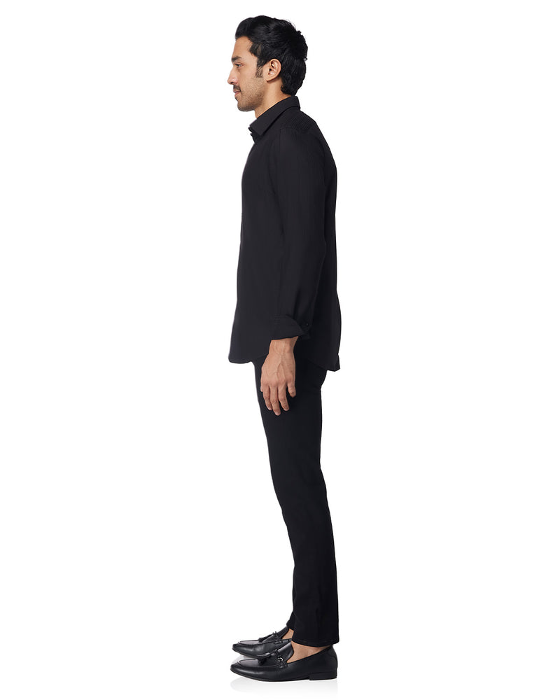 Black Self-Striped Stretch Shirt