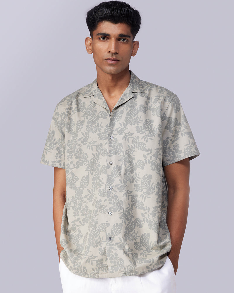 Grey Half-Sleeve Floral Printed Shirt
