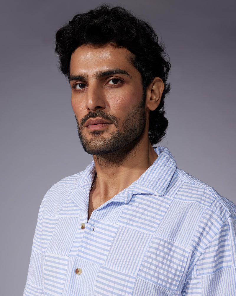 Japanese Light Blue Patchwork Checked Shirt