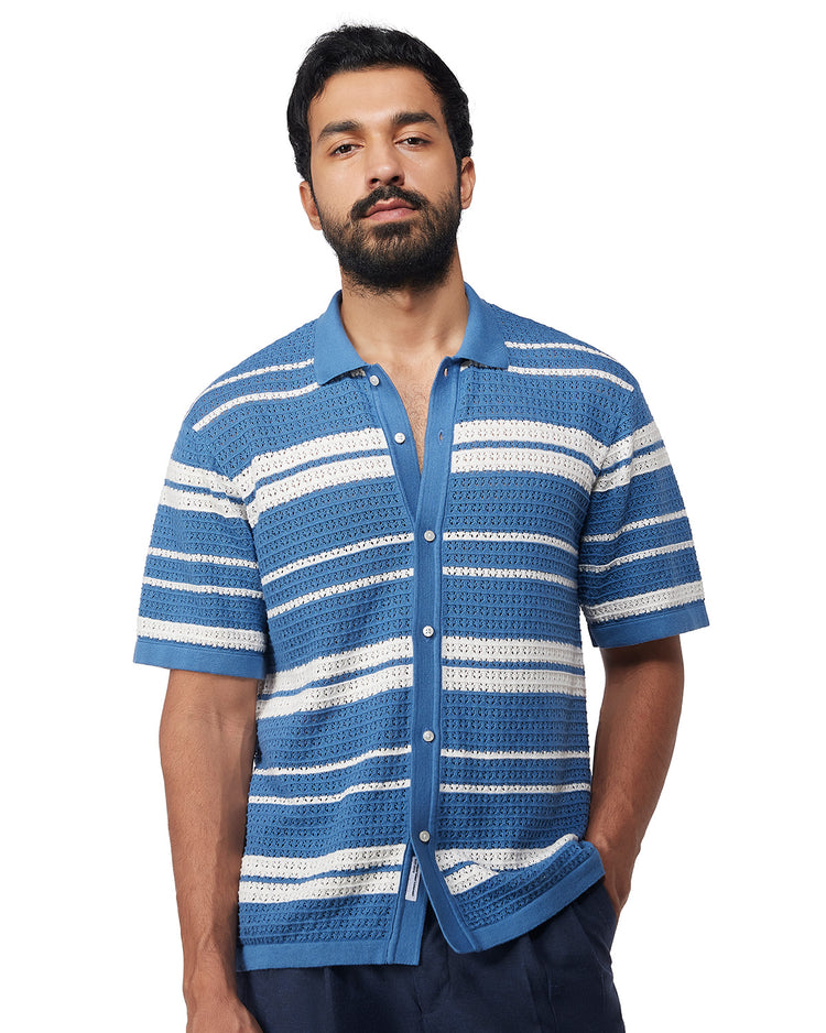 Blue & White Half-Sleeve Flat Knit Striped Shirt