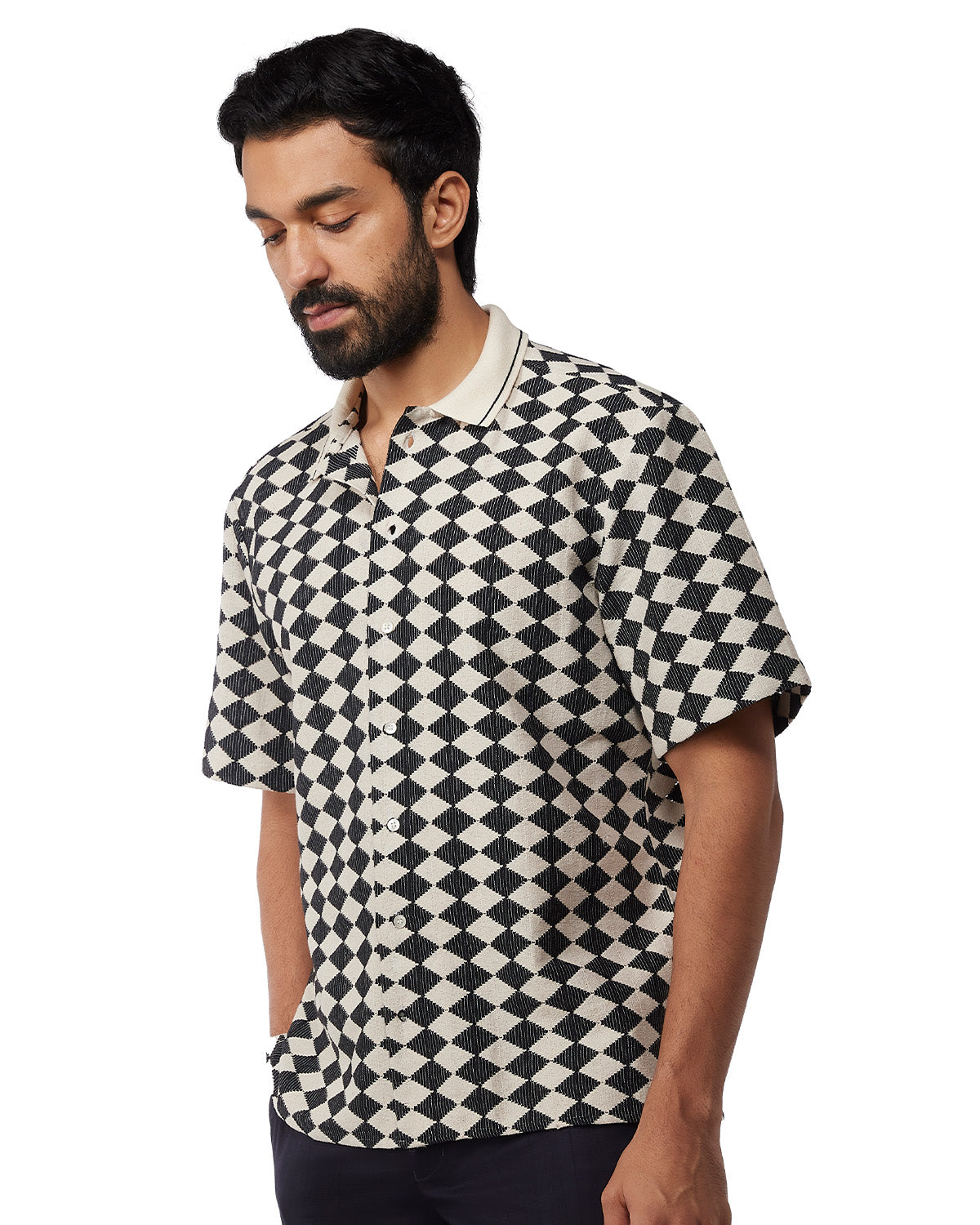 Black & Ecru Half-Sleeve Diamond Crochet Shirt