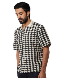 Black & Ecru Half-Sleeve Diamond Crochet Shirt