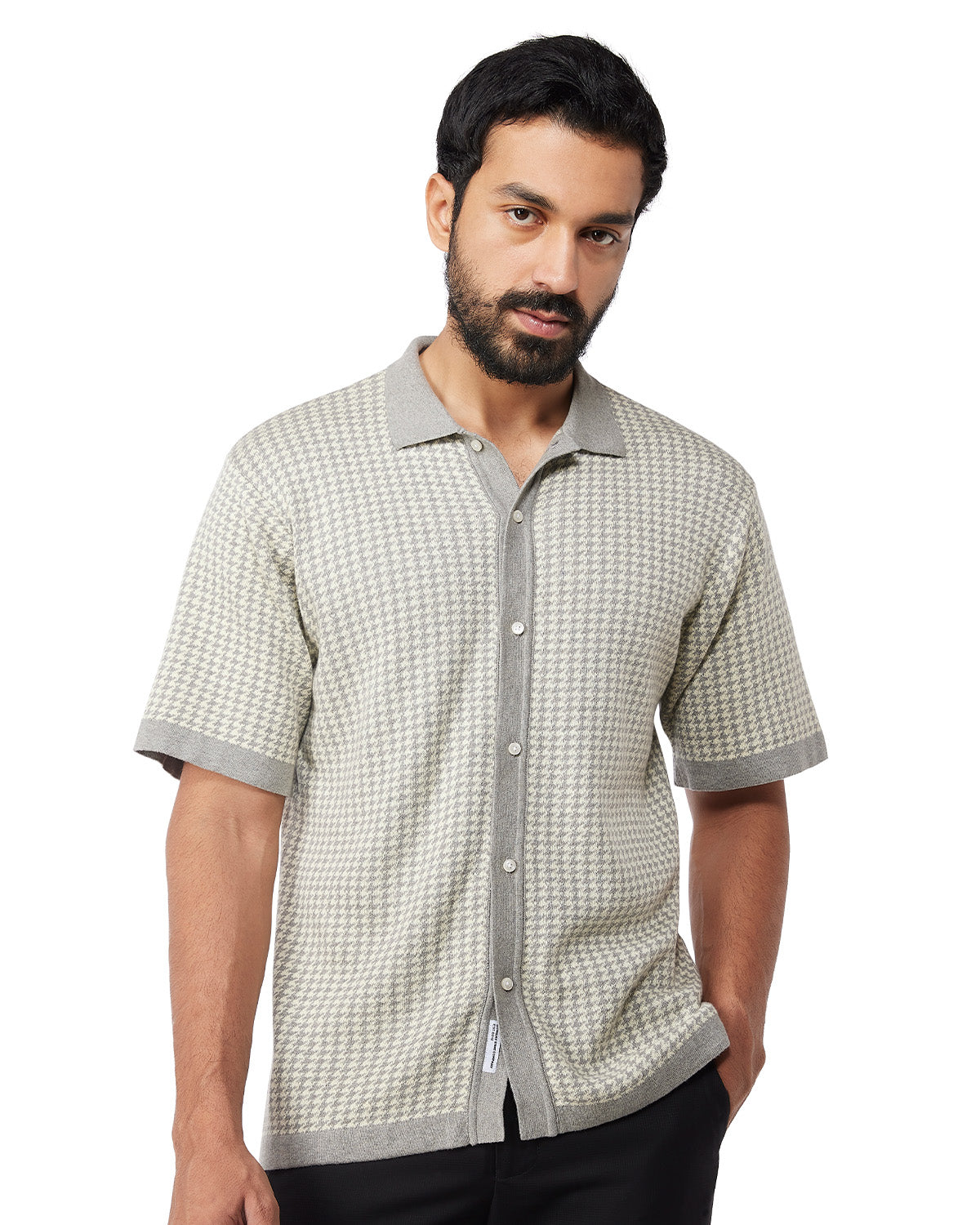 Grey Half-Sleeve Flat Knit Houndstooth Shirt