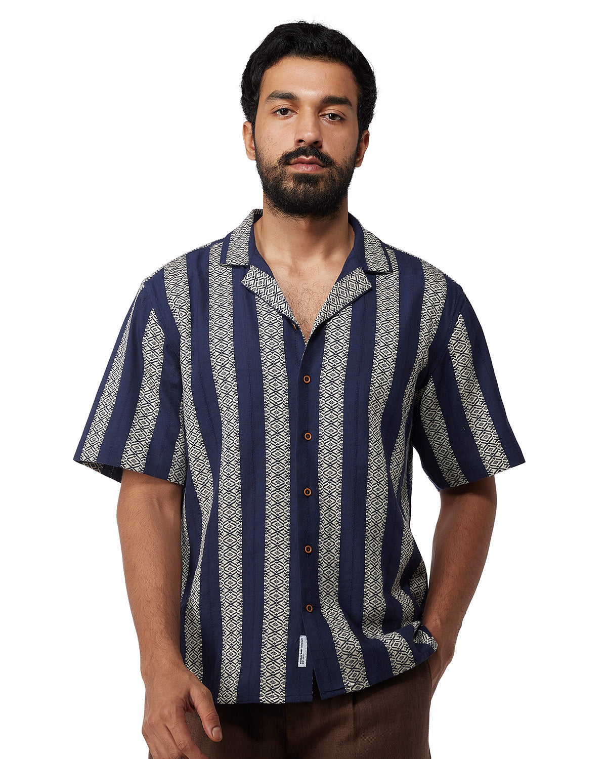 Navy & Ecru Half-Sleeve Dobby Striped Shirt