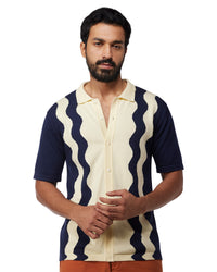 Dark Blue & Ecru Half-Sleeve Flat Knit Shirt