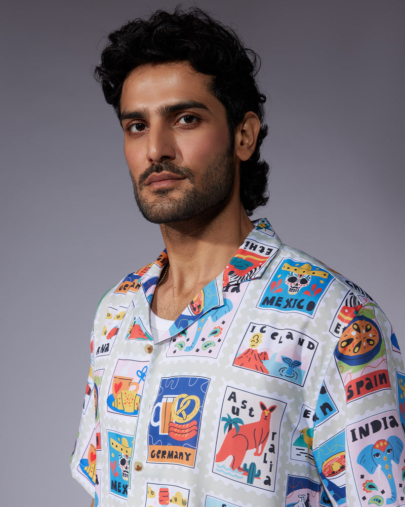 Multicoloured Half-Sleeve Stamp Printed Shirt