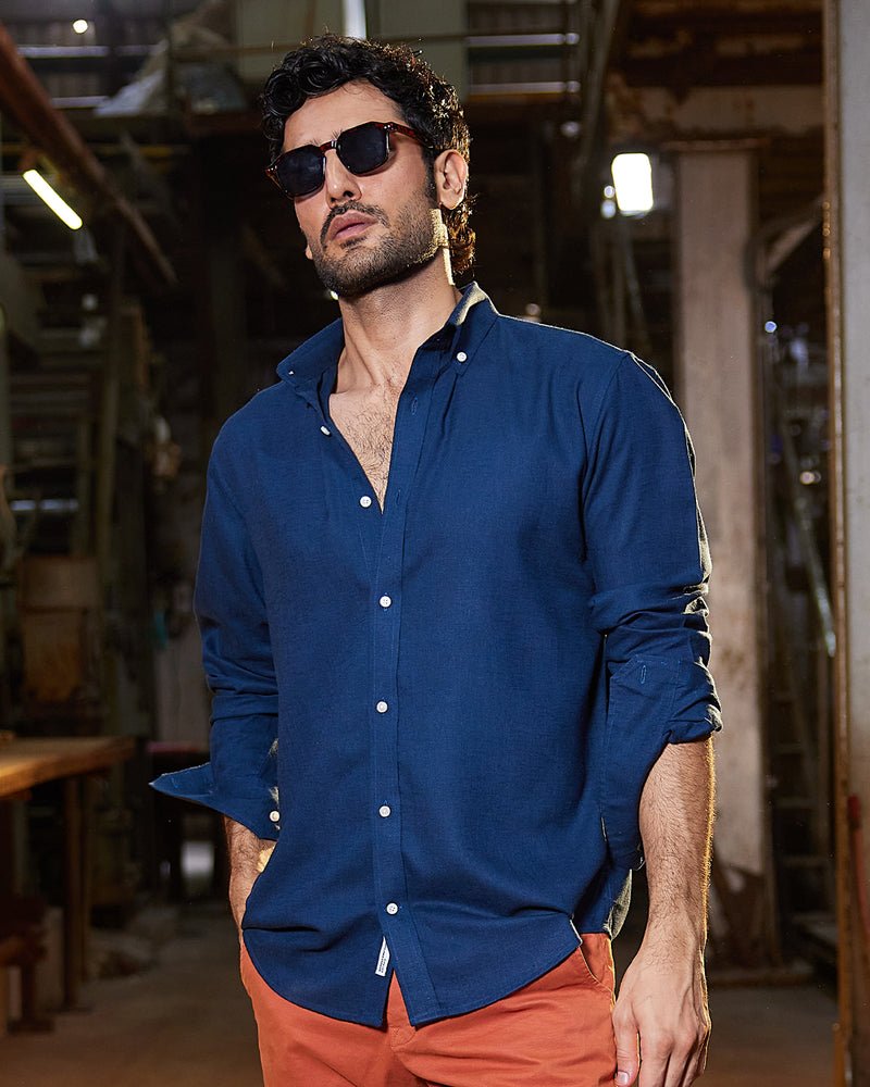 Navy Blended Linen Soft Washed Shirt