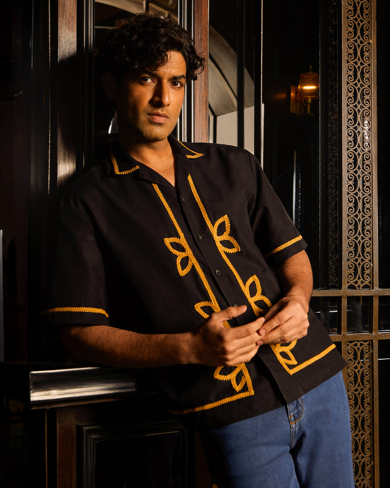 BSC x ALB | Wreath Cotton Linen Embroidered Shirt - Black