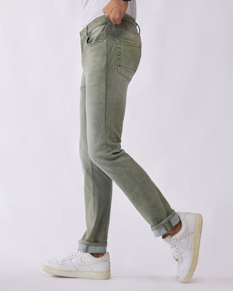 Olive Cloud Wash Stretch Jeans.