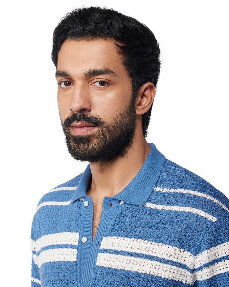 Blue & White Half-Sleeve Flat Knit Striped Shirt