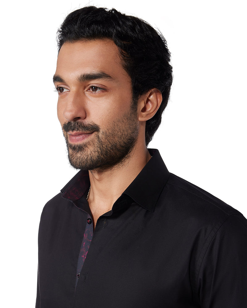 Black Contrast Stretch Satin Shirt