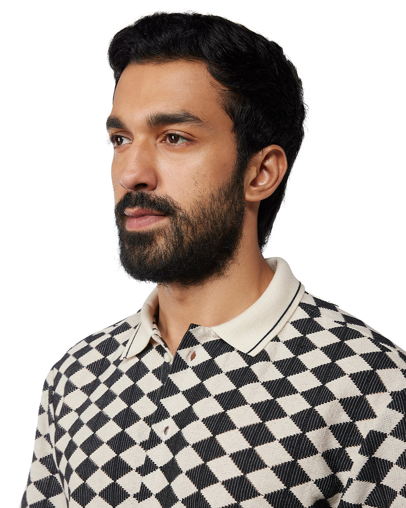 Black & Ecru Half-Sleeve Diamond Crochet Shirt