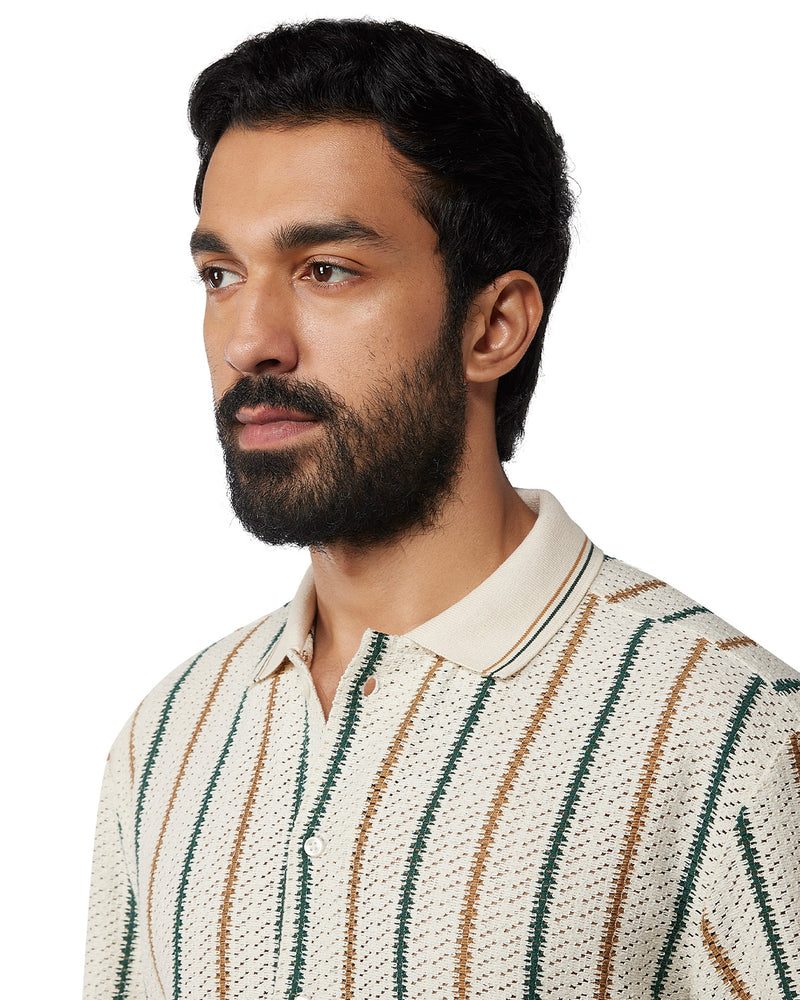 Beige & Green Half-Sleeve Crochet Striped Shirt
