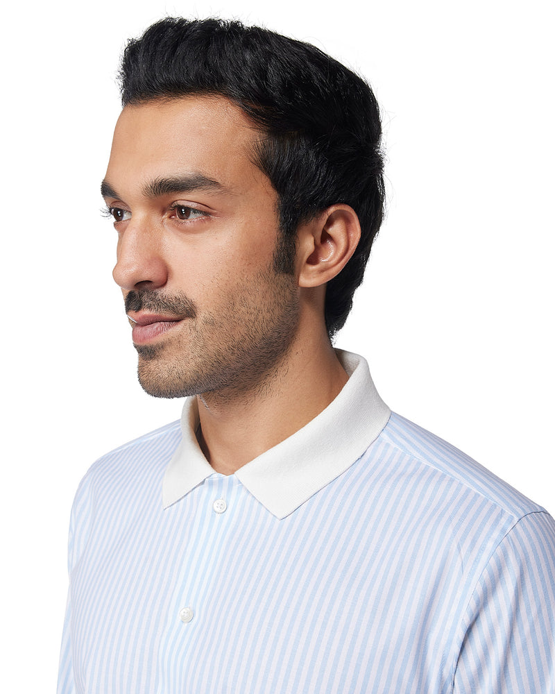 Blue & White Knit Collar Striped Shirt