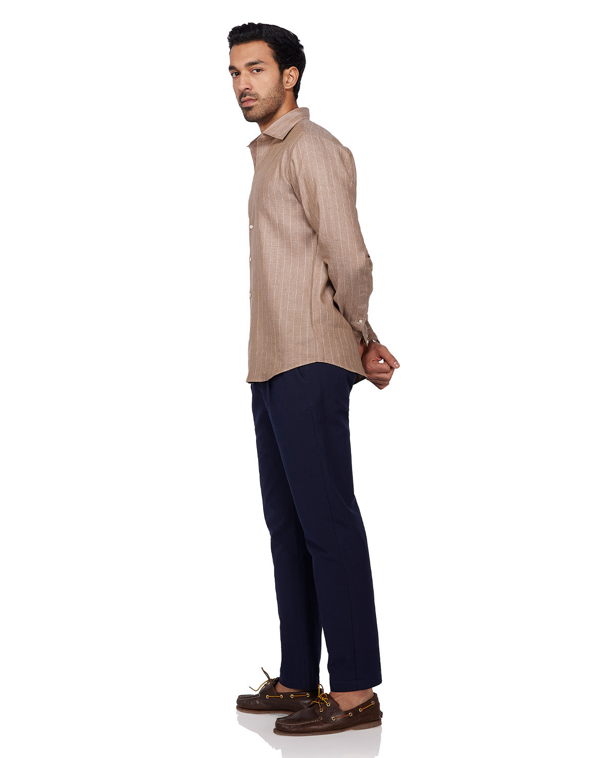 100% Linen Striped Shirt - Brown & White