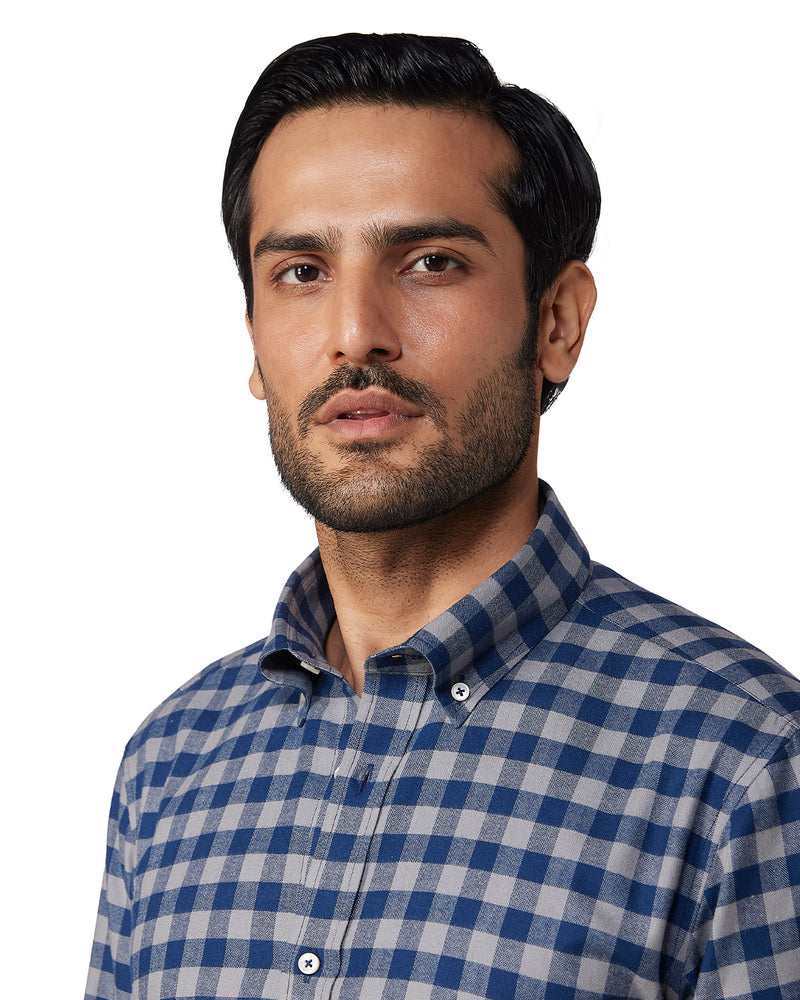 Brushed Herringbone Checked Shirt - Navy & Grey