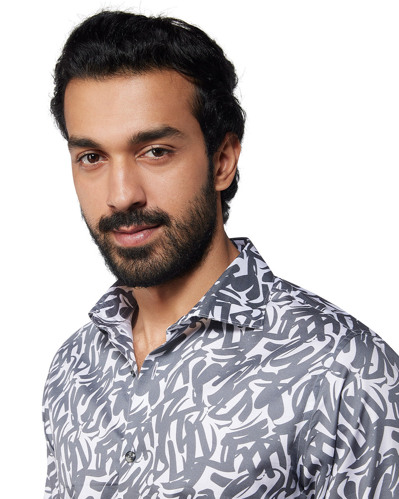 Abstract Line Printed Shirt - Grey & White