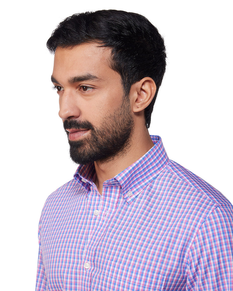 Easy-Care Cotton Checked Shirt - Blue & Pink