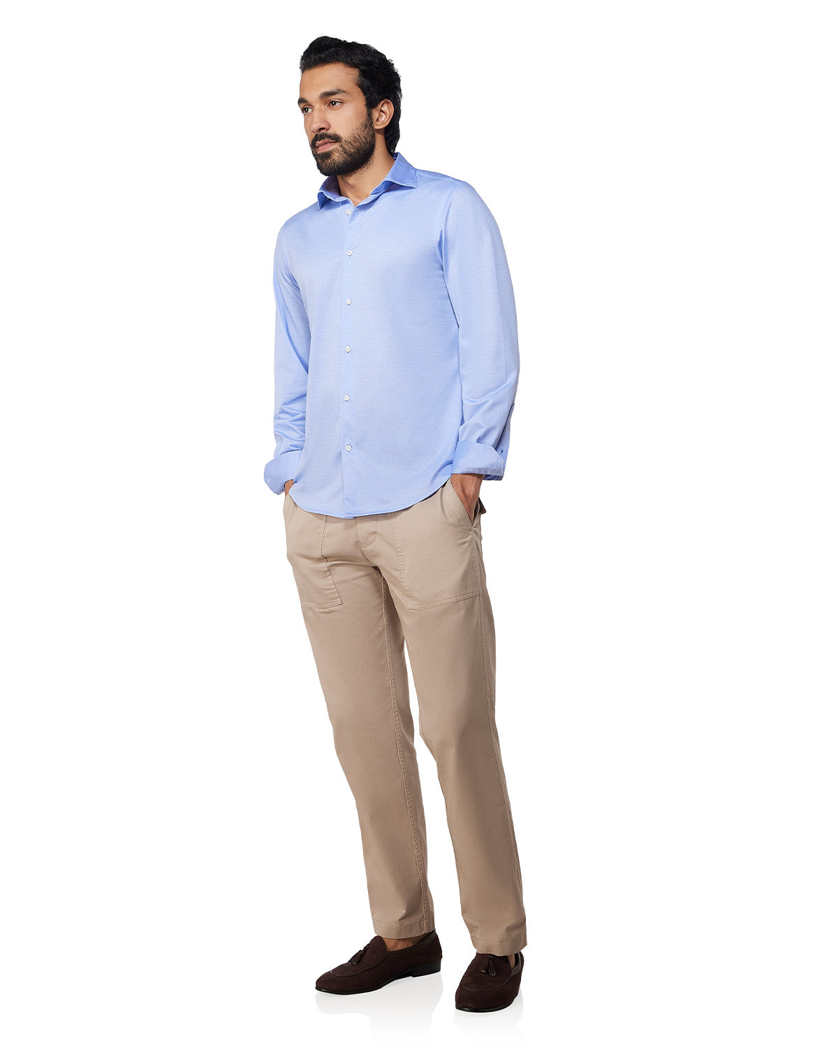 Stretch Cotton Knit Shirt - Blue