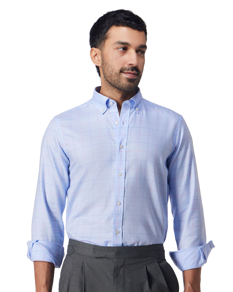 Easy-Care Glen Plaid Checked Shirt - Blue & Pink