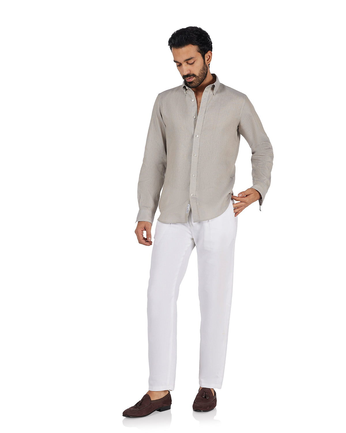 100% Linen Two-Tone Shirt - Beige