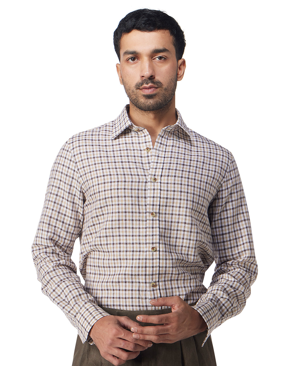 100% Linen Checked Shirt - Brown & Beige