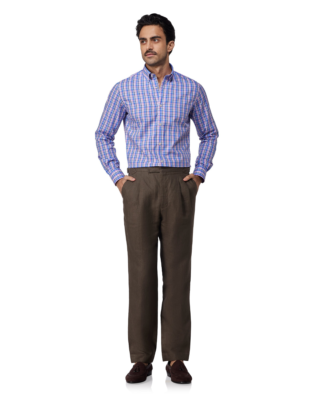 Easy-Care Cotton Checked Shirt - Navy & Pink