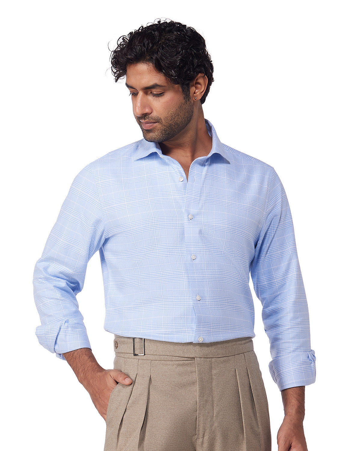 Japanese Brushed Twill Glen Plaid Checked Shirt - Blue