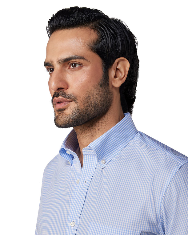 Giza Cotton Gingham Checked Shirt - Light Blue