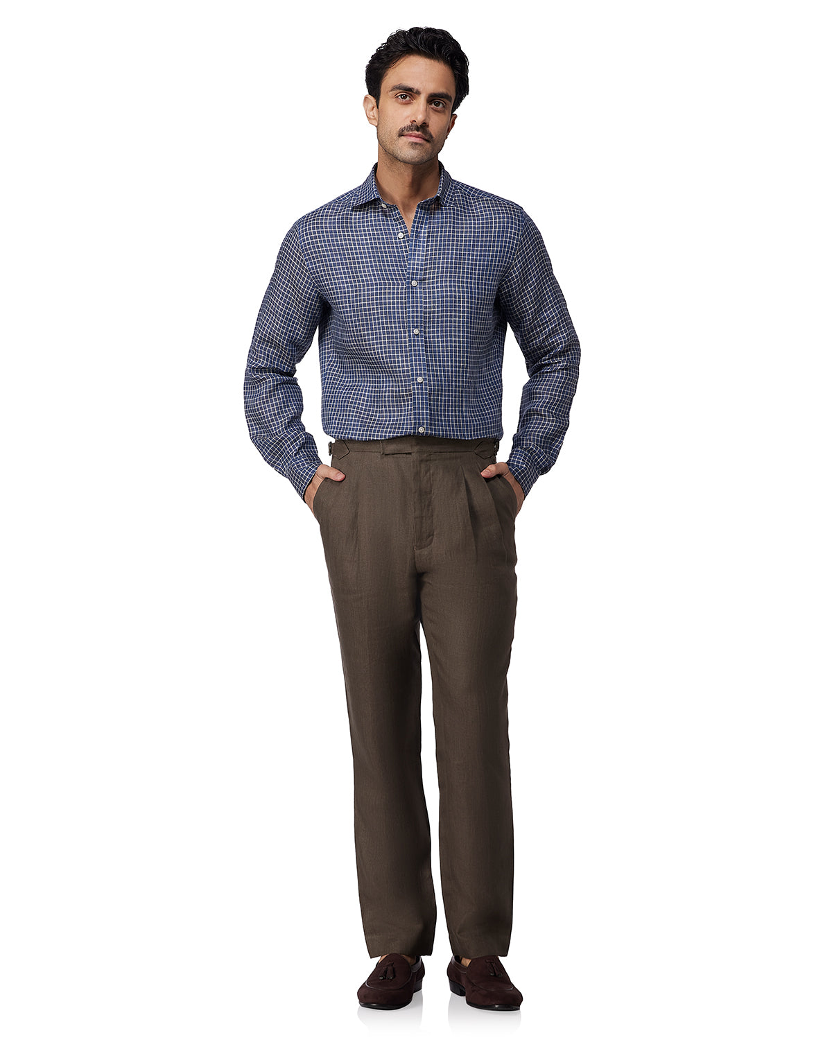 100% Linen Checked Shirt - Navy