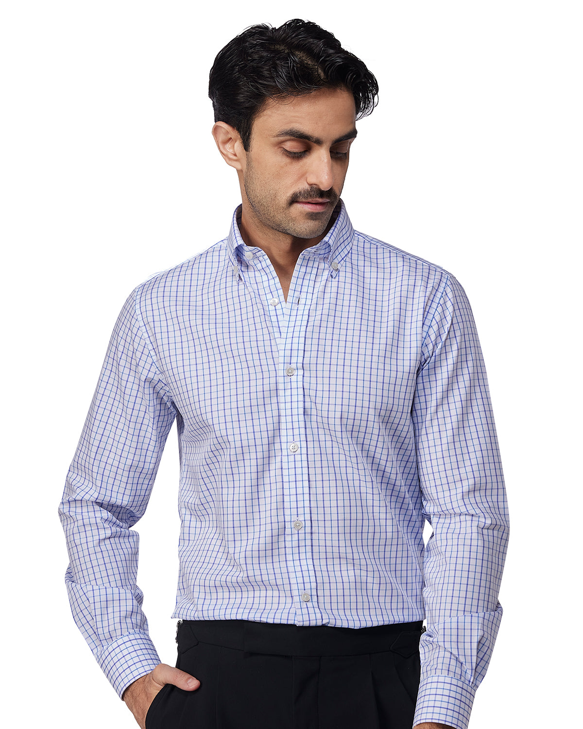 Easy-Care Cotton Checked Shirt - Blue & Purple