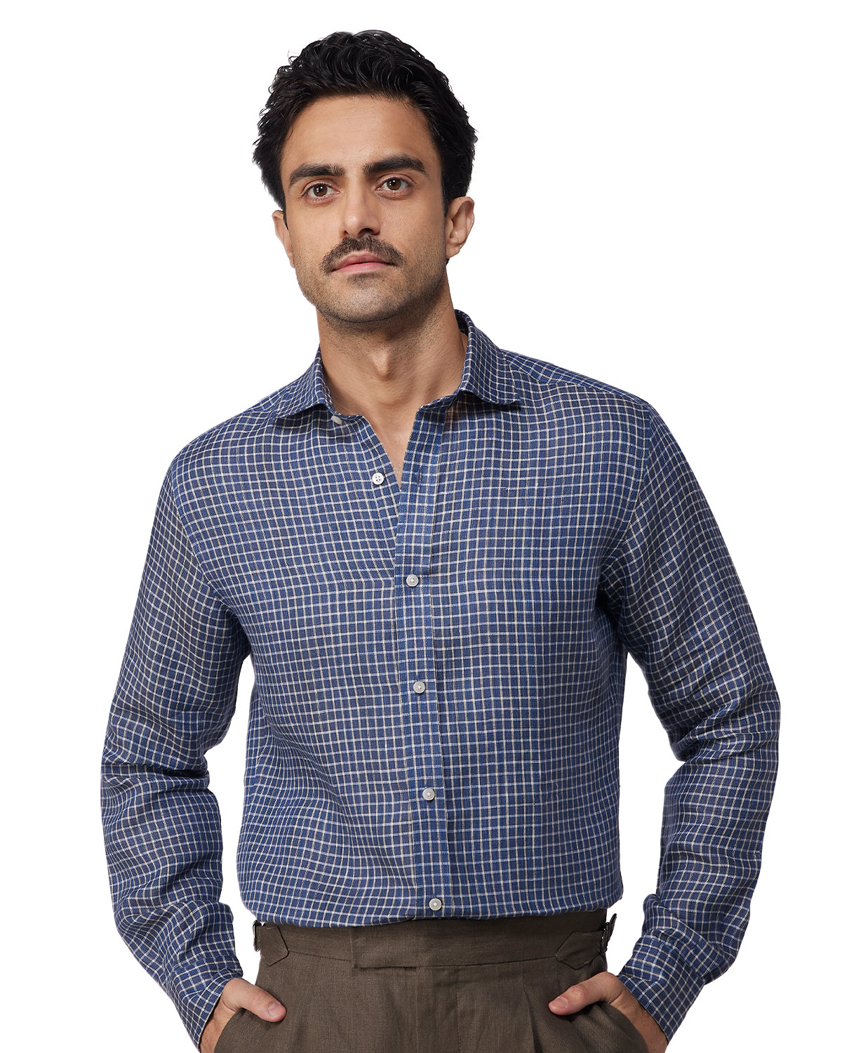 100% Linen Checked Shirt - Navy