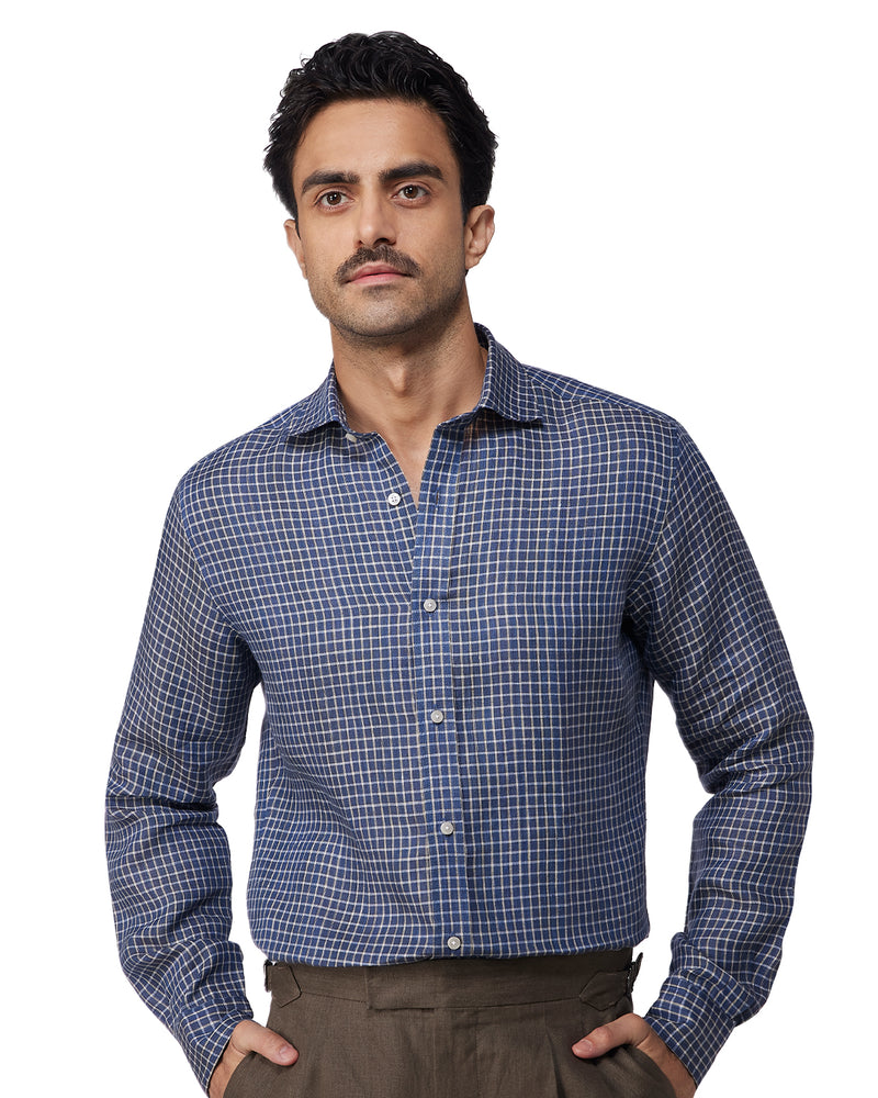 100% Linen Checked Shirt - Navy