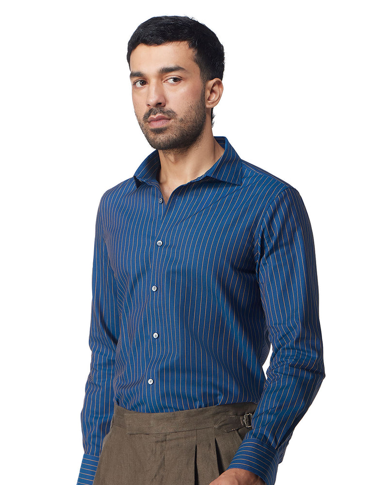 Cotton Dobby Striped Shirt - Blue & Yellow