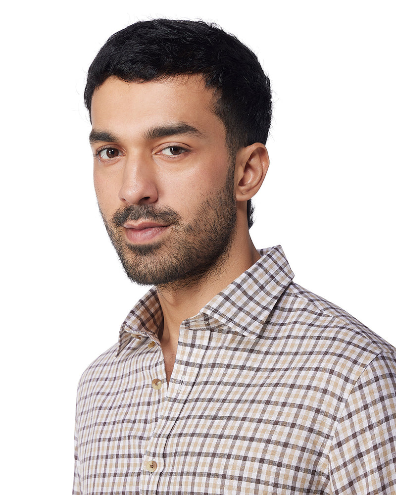 100% Linen Checked Shirt - Brown & Beige