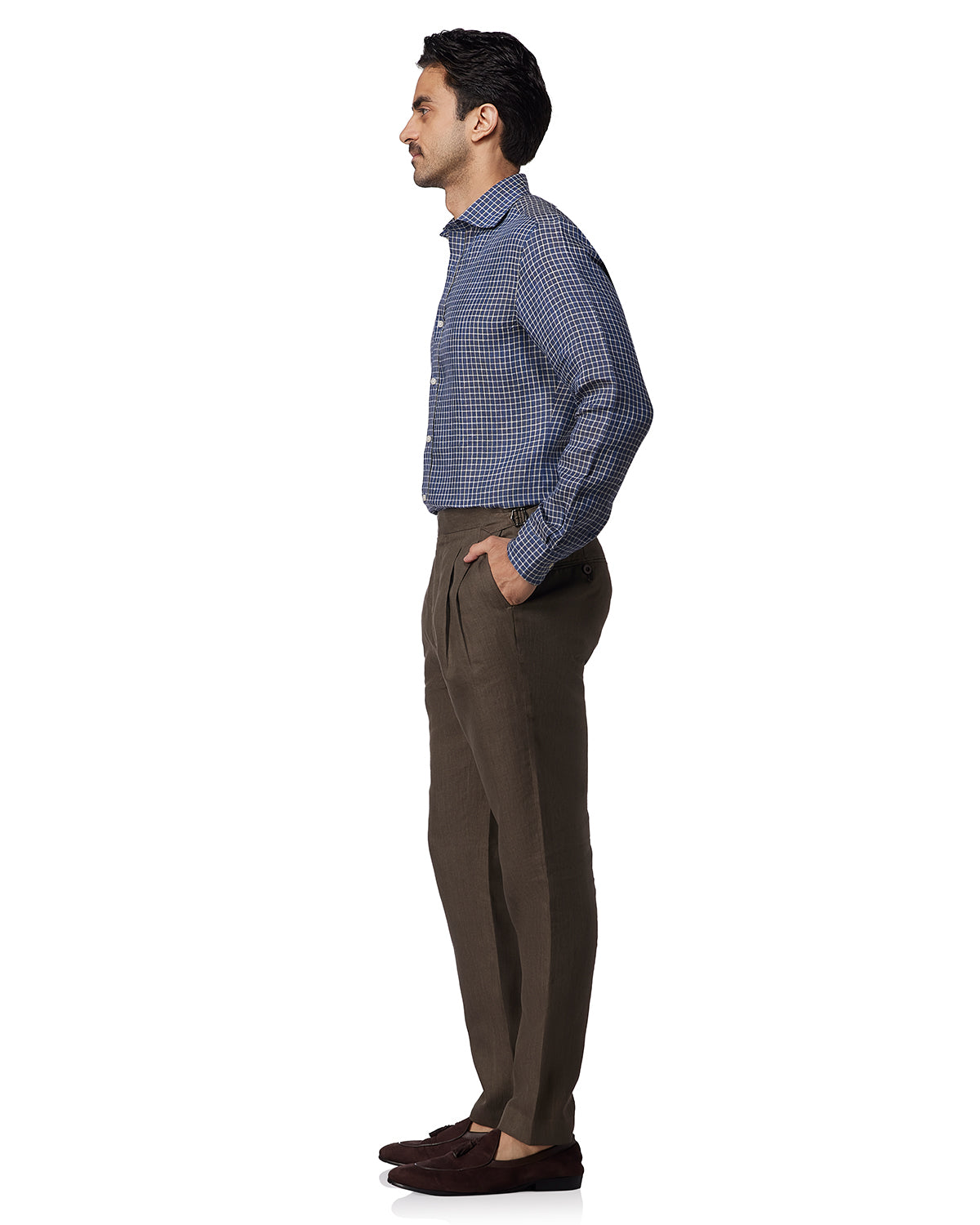 100% Linen Checked Shirt - Navy