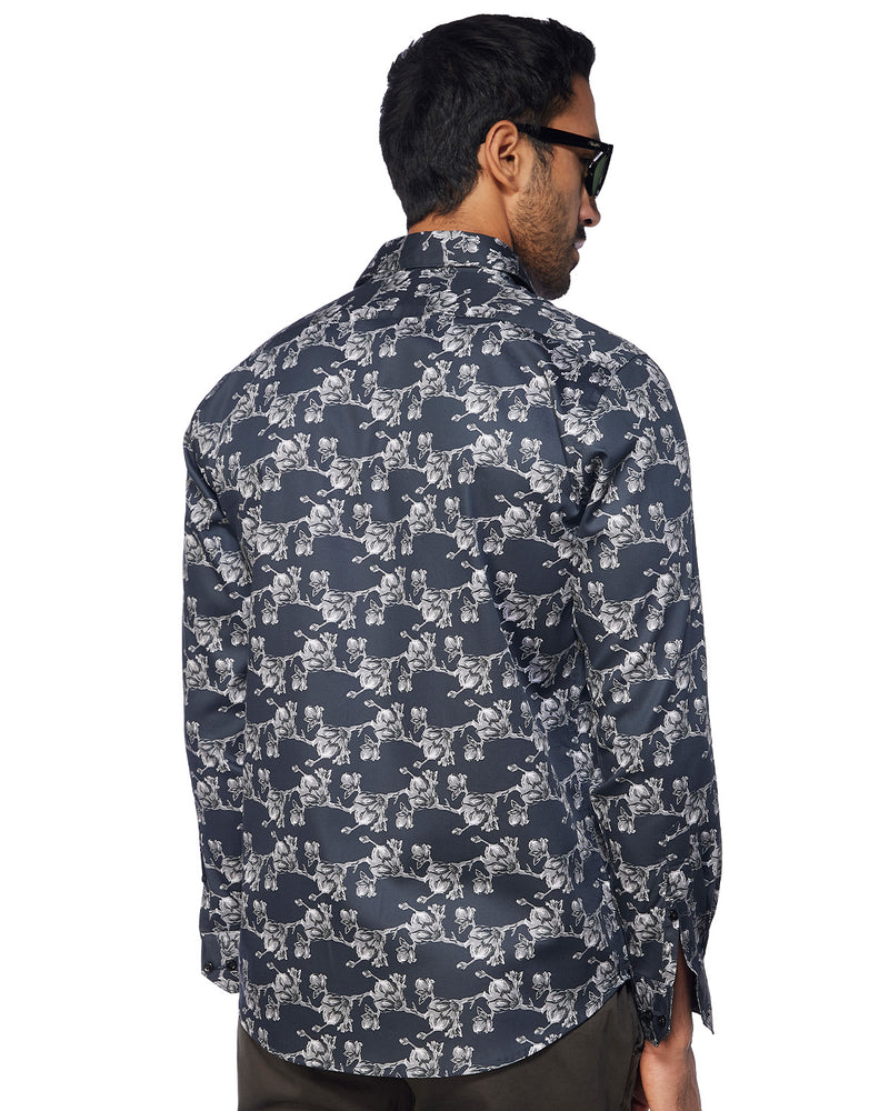 Grey & Black Floral Printed Shirt