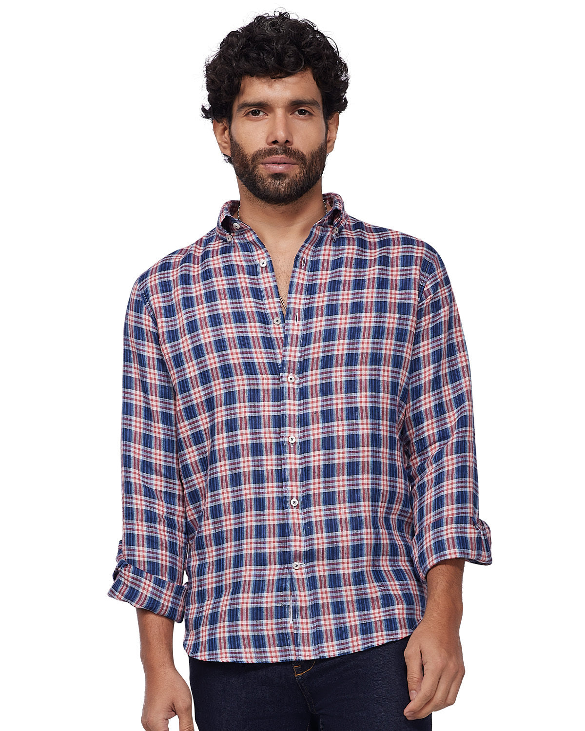 100% Linen Checked Shirt - Blue & Red