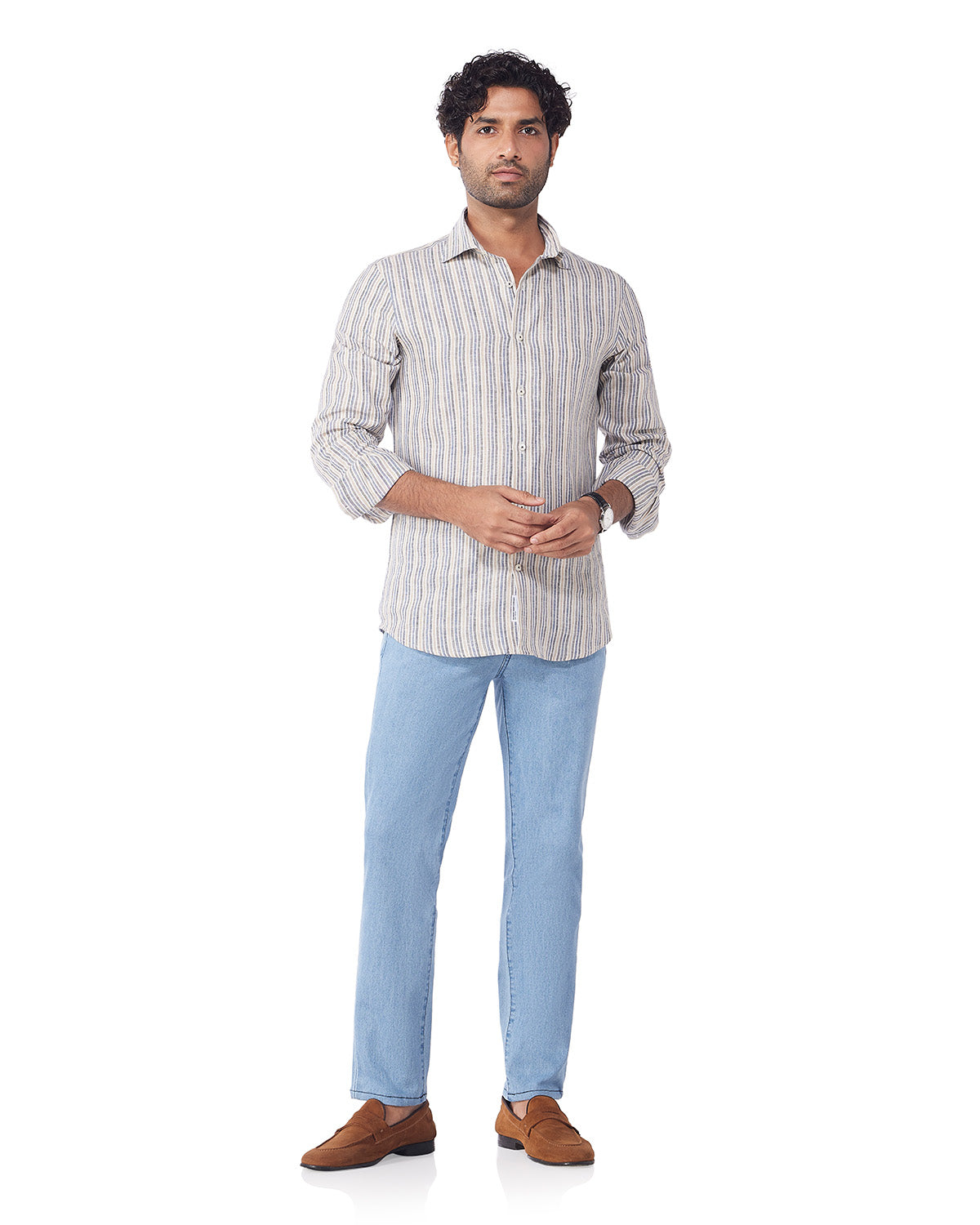 100% Linen Striped Shirt - Brown & Navy