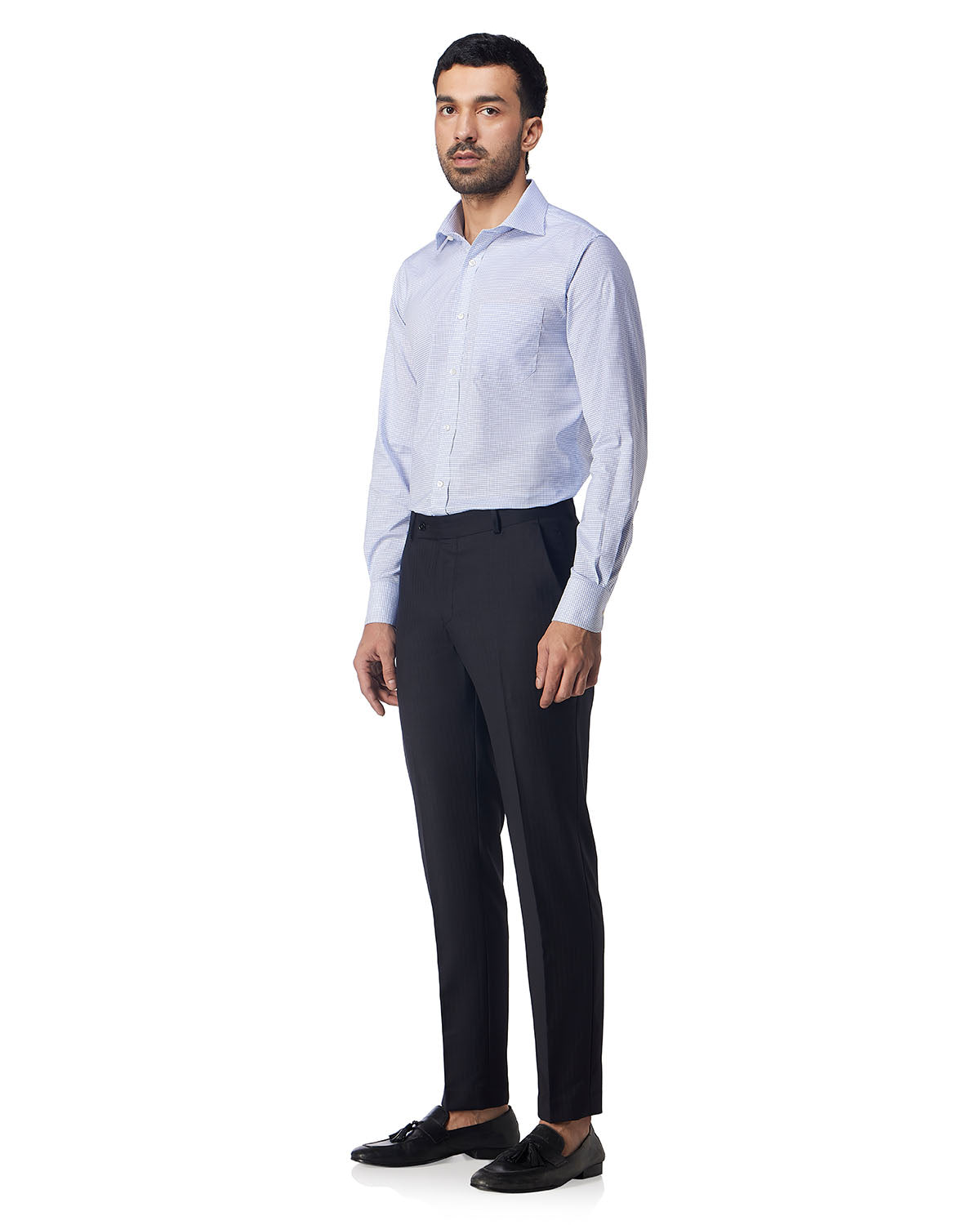 Stretch Cotton Checked Shirt - Blue
