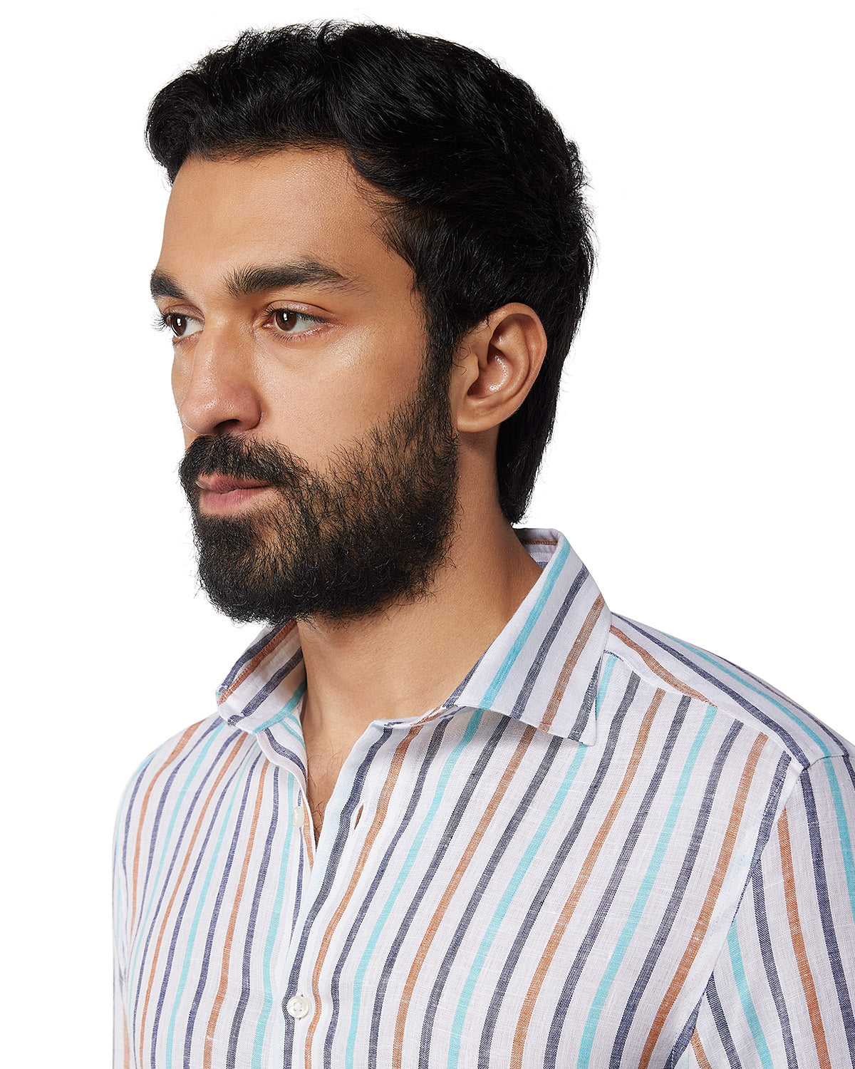 100% Linen Striped Shirt - Blue & Brown