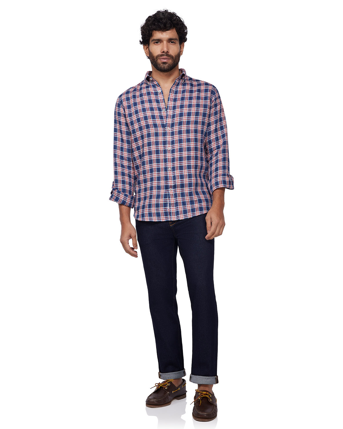 100% Linen Checked Shirt - Blue & Red