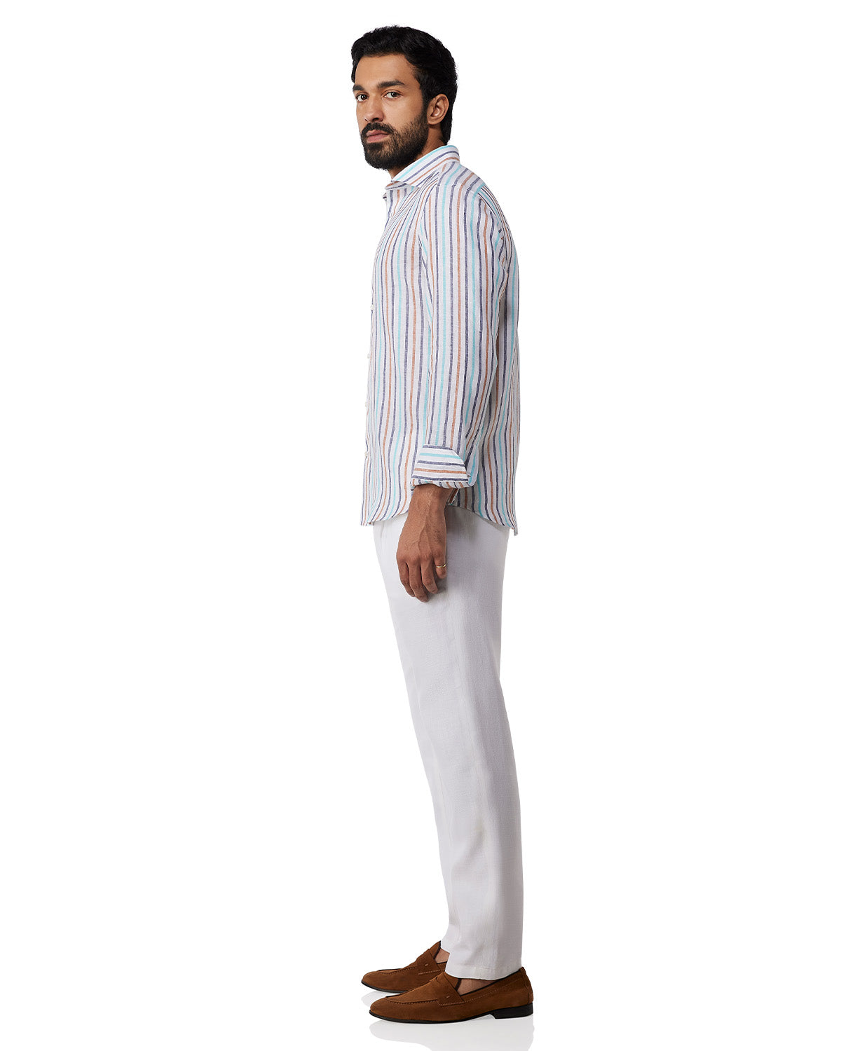 100% Linen Striped Shirt - Blue & Brown