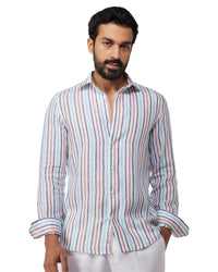 100% Linen Striped Shirt - Blue & Brown
