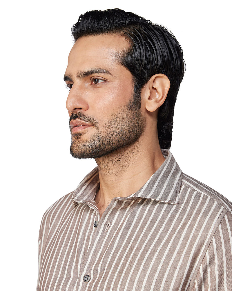 Japanese Double Cloth Striped Shirt - Brown