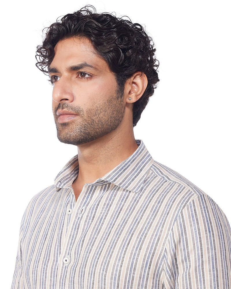 100% Linen Striped Shirt - Brown & Navy