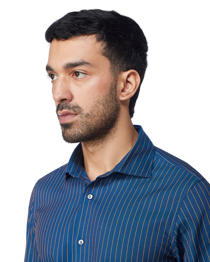 Cotton Dobby Striped Shirt - Blue & Yellow