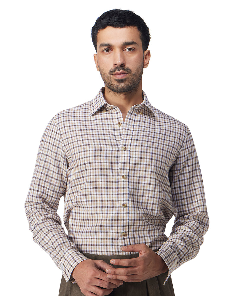 100% Linen Checked Shirt - Brown & Beige