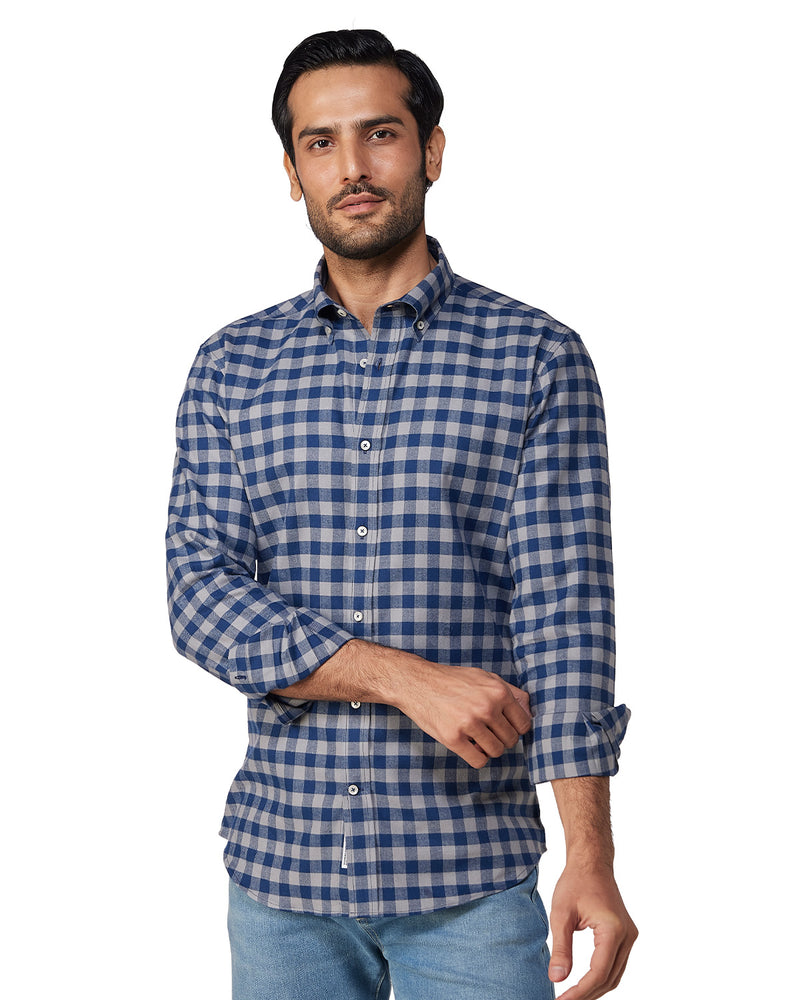 Brushed Herringbone Checked Shirt - Navy & Grey