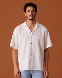 White Half-Sleeve Blended Linen Shirt